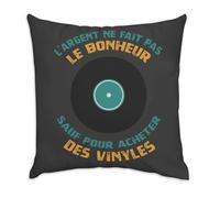 Housse de Coussin en Velours Noir - Vinyles - l'argent ne Fait Pas Le Bonheur Rétro Musique - 40 x 40 cm Toucher Velours