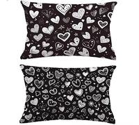 Housse de Coussin Extérieur 70x90 cm Lot de 2,Imperméable Aspect Lin Noir Housse de Coussin de Jardin,Amour Décoratif Rectangulaire Coussin Lombaire pour Salon de Jardin,Balcon & Canapé Rattan M-P111