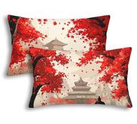 Housse de Coussin Extérieur Imperméable 40x80cm, Lot de 2 Housse Coussin Rouge Rectangulaire Lin Imperméable, Déperlant Double Face Japon Taie d'Oreiller Extérieur Jardin Chaise Balcon Terrasse -7960