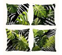 Housse de Coussin Feuilles de Palmier Noires et Vertes 35x35cm,Lot de 4 Décoratives pour canapé Taie d'oreiller,Moderne Housse de Coussin en Velours pour Patio Extérieur Jardin Blench Salon