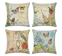Housse de Coussin Fleur de Jardin Taie d'oreiller Décoratif Canapé en Lin Lot de 4 Housse de Coussin Motif Fleur Colorées et Papillons pour Patio Jardin Salon Chaise Lit Chambre Décoration 40x40cm