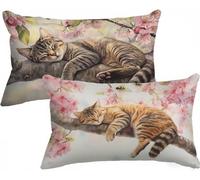 Housse de Coussin Fleurs de cerisier Housse Coussin Chat Taie Oreiller 50x70 Lot de 2 Velour Protege Oreiller Double Face Impression avec Fermeture Eclair Caché pour Decoration Chambre Salon, Model303