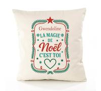 Housse de Coussin Gwendoline, la magie de Noël c'est toi | Coton Canvas Fairtrade 305 g/m² Zip Invisible Taille 50×50 cm | Déco Canapé Salon Chambre | Cadeau Prénom Crémaillère Anniversaire Noël