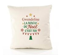 Housse de Coussin Gwendoline, la magie de Noël c'est toi | Coton Canvas Fairtrade 305 g/m² Zip Invisible Taille 40×40 cm | Déco Canapé Salon Chambre | Cadeau Prénom Crémaillère Anniversaire Noël