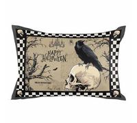 Housse de Coussin Happy Halloween 16x24, taie d'oreiller réversible décorative à Carreaux de Corbeau Noir à tête de Mort Horrible avec Fermeture éclair pour canapé-lit Salon, Housse de Coussin de pr