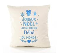 Housse de Coussin Joyeux Noël au meilleur Bébé du monde | Coton Canvas Fairtrade 305 g/m² Zip Invisible Taille 50×50 cm | Déco Canapé Salon Chambre | Cadeau Prénom Crémaillère Anniversaire Noël