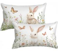 Housse de Coussin Lapin Housse Coussin Fleurs Taie Oreiller 50x80 Lot de 2, Velour Protege Oreiller Double Face Impression avec Fermeture Eclair Caché pour Jardin Decoration Chambre Salon, Model611