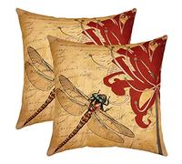 Housse De Coussin Libellule Équinoxe Fleur Libellule Jardinhigan Fleur Fleurs Rouges Esthétique Animal Vintage Marron Rustique Lot De 2 Doux Décoratif Taie d'oreiller pour Chaise Chambre Patio
