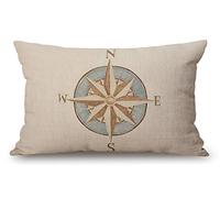 Housse de coussin lombaire en coton et lin pour décoration d'intérieur Motif boussole nautique 30,5 x 50,8 cm
