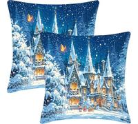 Housse de Coussin Lot de 2, 45x45cm, Taie d'oreiller en Velvet Douce, Cushion Covers Double Face pour Canapé, Bed Pillow Cover, Coussin Decorative Salon, Cadeaux Femmes, Villa en Hiver, CZ5J-146
