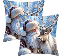 Housse de Coussin Lot de 2, 55x55cm, Taie d'oreiller en Velvet Douce, Cushion Covers Double Face pour Canapé, Bed Pillow Cover, Coussin Decorative Salon, Cadeaux Femmes, PèRe NoëL Cerf, CZ5J-479