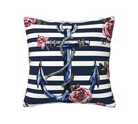 Housse de coussin motif ancre florale - 40 x 40 cm - Rose nautique - Pour canapé, lit - Lavable - Décoration avec fermeture éclair invisible