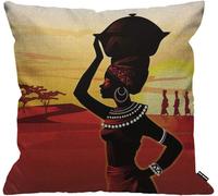 Housse de coussin, motif femmes africaines marchant dans le désert, coucher de soleil, rouge, jaune, noir, décoration d'intérieur