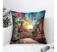 Housse de Coussin Motif imprimé coloré de la Ville de Québec avec Fermeture éclair Invisible en Lin résistant à l'eau pour canapé lit Fermeture éclair Invisible Taille : 45 x 45 cm
