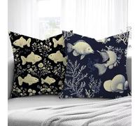 Housse de Coussin Noir Housse Coussin Exterieur Poisson, Taie d'oreiller 45x45cm Protege Oreiller Lot de 2 Tissu Velours Doux Lavable avec Fermeture éclair Invisible Pour Chambre Décoration R1-31