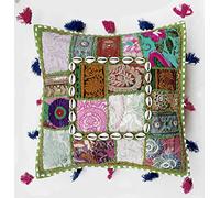 Housse de coussin Rastogi Handicrafts - Multicolore - Carrée - Patchwork - Perles décoratives et coquillages - Motif et artisanat indien, Tissu, vert clair, 40 x 40 cm