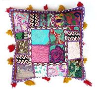 Housse de coussin Rastogi Handicrafts - Multicolore - Carrée - Patchwork - Perles décoratives et coquillages - Motif et artisanat indien, Tissu, violet, 40 x 40 cm