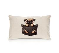 Housse de coussin rectangulaire avec fermeture éclair - 40,6 x 66 cm - Motif chien carlin qui regardent drôle - Taie d'oreiller rectangulaire en coton et lin pour chambre à coucher, canapé, café, bar