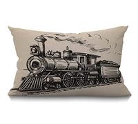 Housse de coussin rectangulaire en coton et lin pour lit, canapé, 30 x 50 cm, motif train vintage, locomotive, wagons en bois, chemin de fer, fumé, beige