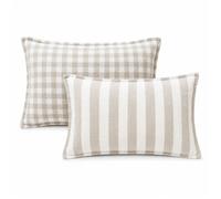 Housse de coussin recto-verso 100% coton rayures et vichy LOURMARIN Beige 45x70 cm