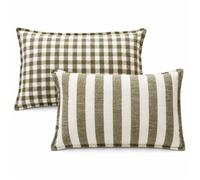 Housse de coussin recto-verso 100% coton rayures et vichy LOURMARIN Kaki 45x70 cm