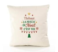 Housse de Coussin Thibaut, la magie de Noël c'est toi | Coton Canvas Fairtrade 305 g/m² Zip Invisible Taille 50×50 cm | Déco Canapé Salon Chambre | Cadeau Prénom Crémaillère Anniversaire Noël