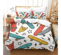 Housse de couverture design skateboard 3 pièces impression 3D éclairs et étoiles parure de lit de qualité avec 2 taies d'oreiller fermeture éclair cachée pour décoration de lit Simple（140x200cm）