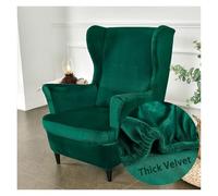 Housse de Fauteuil à Oreilles Velours Extensible 2-Pièces Couverture de Fauteuil avec Housse de Coussin en T, Couleur Unie Mode Housse de Fauteuil Antidérapante pour Strandmon,Chambre(Vert Foncé)