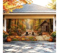 Housse de garage 397 x 180 cm Scène de cabane de forêt d'automne | Cabane en bois, bannière de porte de garage, tasses à café, chaises rustiques, chemin boisé, atmosphère saisonnière