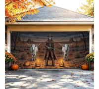 Housse de garage 397 x 180 cm, squelette occidental, cow-boy, scène du | Scène du désert occidental, toile de fond de porte de garage, bétail à longue corne, paysage d'automne
