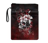 Housse de livre légère avec fermeture éclair - Tissu lavable - 29 x 22 cm - Pour les amateurs de livres - Motif tête de mort et lys - Rouge/noir
