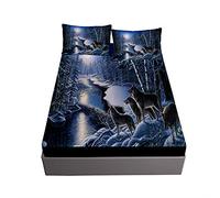 Housse de Matelas Antidérapants Drap Housse 3D Impression de Animal, Ouduo Confortable Respirant Microfibre Drap-Housse Poche 30cm Profonde + 2 Taies d'Oreillers (Loup des neiges,160x200x30cm)