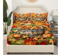 Housse de matelas citrouille d'automne taille L - Rustique - Feuilles d'érable - Avec 1 taie d'oreiller - Aquarelle - Baie - Oiseau - Plante d'animaux - Polyester - Pour enfants - Pas de feuille plate