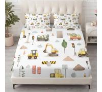 Housse de Matelas Dessin Animé Véhicule Chantier Drap Housse, 160x200+30 cm | Pelleteuse Bétonnière Confortable Respirant Hypoallergénique Drap-Housse Poche 30cm Profonde + 2 Taies d'Oreillers