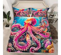 Housse de matelas en polyester avec 1 taie d'oreiller - Motif pieuvre violet - Taille L - Aquarelle Tie Dye Sealife Coral - Océan bleu - Monde sous-marin - Pour enfants (pas de top feuille)