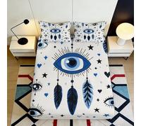 Housse de Matelas Œil Porte-Bonheur 3D Imprimé Microfibre Boho Plume Drap Housse Antidérapant Décor Chambre Lavable 90x200x25cm