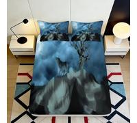 Housse de Matelas Microfibre Motif Loup Lune Impression 3D Arbre Montagne Bed Sheet Décor Chambre Cadeau Maison Mariage Anniversaire 90x200x25cm