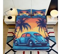 Housse de Matelas Voiture Bleue Vintage 3D Printed Microfibre Soleil Couchant Palmier Drap de Lit Antidérapant Facile à Entretenir Chambre 90x200x25cm