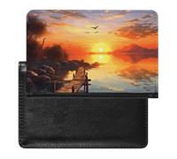 Housse de passeport avec fentes pour cartes en cuir - Grenouilles vertes amusantes - Étanche - Pour voyage, Paysage coucher de soleil., Taille unique