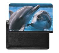Housse de passeport avec fentes pour cartes en cuir - Motif labrador blanc - Étanche - Pour voyage, Deux dauphins dans l'eau, Taille unique