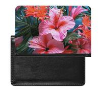 Housse de passeport avec fentes pour cartes en cuir - Rayures jaunes et bleues - Étanche - Pour voyage, Plante tropicale à fleurs roses., Taille unique