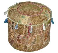 Housse de Patchwork Brodé Indien Pouf Décoratif Indien Pouf Pouf Ottoman Coussin Coton Indien Sol Solide, Pouf Patchwork Ethnique Indien (Beige, 18"x13")