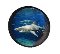 Housse de pneu de secours en cuir PVC avec deux requins blancs, housse de roue de secours étanche à la poussière et imperméable pour Jeep de 81,3 cm, camping-car, remorque, camion, VUS, diamètre 71,1