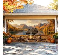 Housse de porte de garage 397 x 180 cm Automne Camping Montagne Paysage | Paysage de lac de montagne, décorations de porte de garage, feuillage d'automne, scène de feu de camp