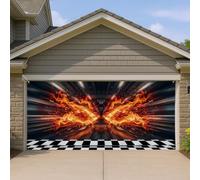 Housse de porte de garage à ailes flamboyantes, motif de feu de style course audacieux, flammes noires et oranges, parfaite pour la décoration extérieure, convient pour toutes les saisons, 397 x 180