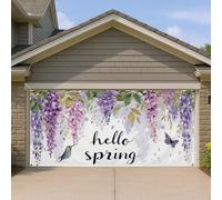 Housse de porte de garage à motif floral de printemps, violet vintage, glycine, papillon, décoration saisonnière extérieure pour printemps et Pâques, 397 x 180 cm