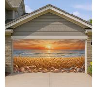 Housse de porte de garage au coucher du soleil - Revêtement mural de garage avec vagues décontractées et herbes d'été - Décoration d'intérieur pour fête, arrière-cour, terrasse, toile de fond de fête