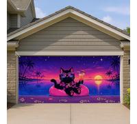 Housse de porte de garage au coucher du soleil sur la plage, motif chat tropical avec palmiers, violet et pêche, décorations d'extérieur pour fêtes d'été, 397 x 180 cm