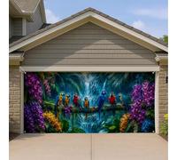 Housse de porte de garage avec aras tropicaux - Scène de forêt tropicale | Thème forêt tropicale, drapeau de porte de garage, perroquets ara, cascades, orchidées exotiques