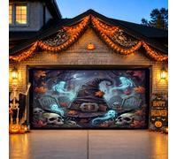 Housse de porte de garage avec chapeau de sorcière, cimetière, scène | Scène de cimetière hantée, drapeau de porte de garage, fantômes brillants, feuillage d'automne, chapeau de sorcière